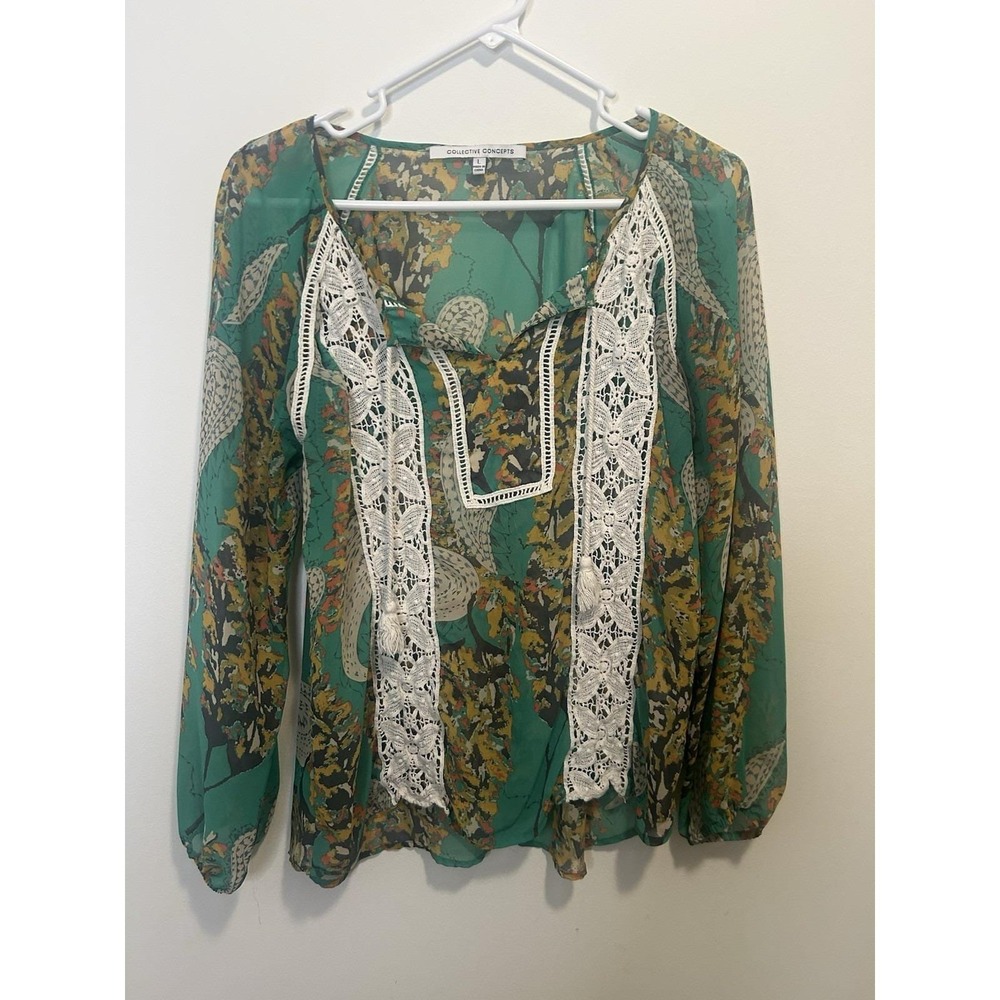 Boho Peasant Blouse with Green Floral Print and Crochet Lace Panels